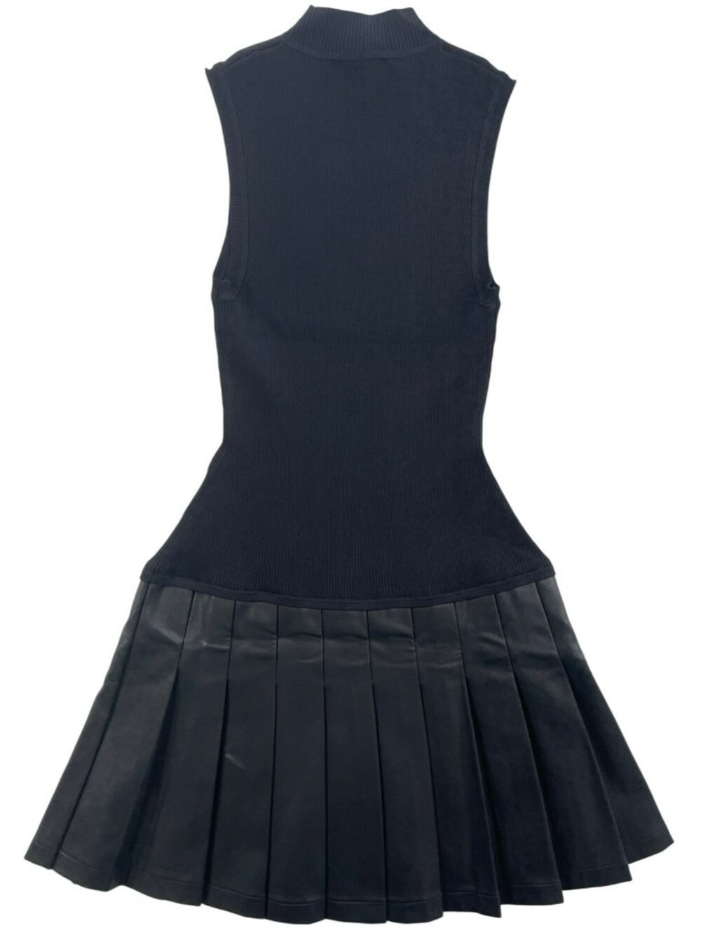 Milly Leather Pleated Skirt Knit Dress Black Sleeveless Ribbed Mock Neck Size P - Picture 2 of 13